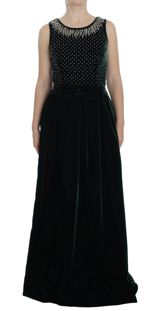 Dolce &amp; Gabbana Green Velvet Crystal Long Maxi Dress