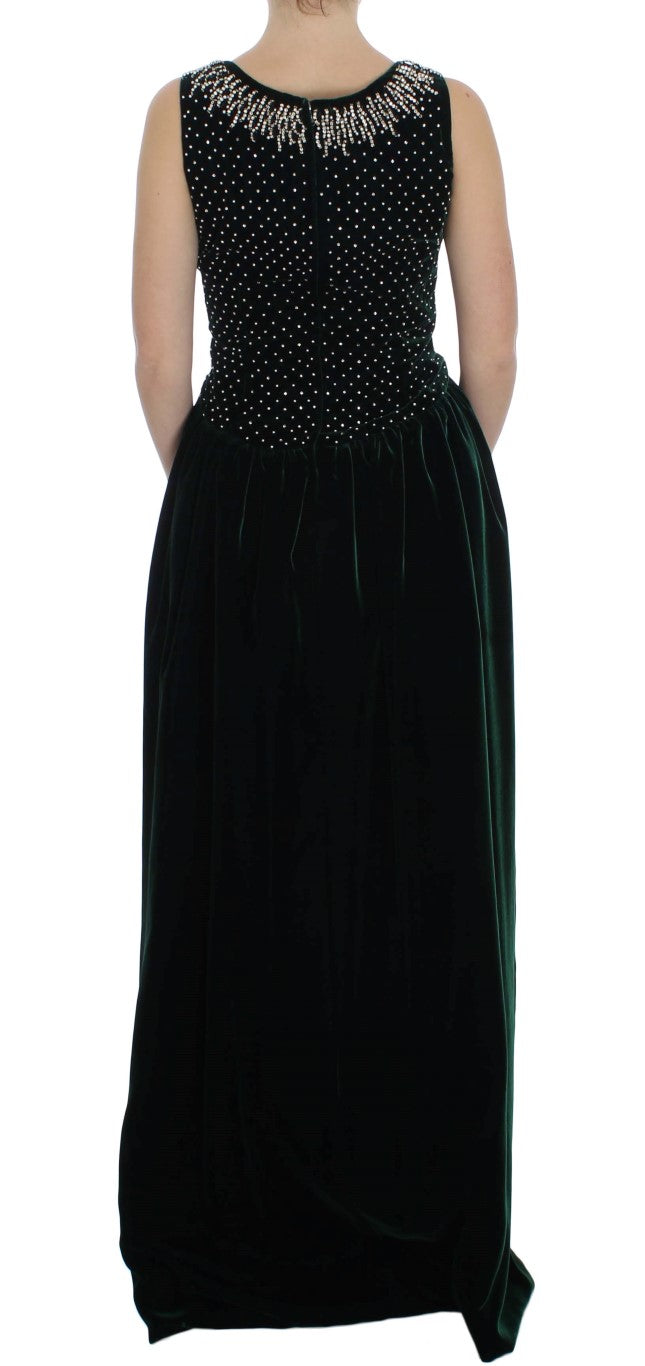 Dolce &amp; Gabbana Green Velvet Crystal Long Maxi Dress