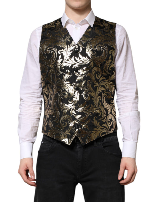 Dolce &amp; Gabbana Schwarz Gold Jacquard Formelle Herren Weste
