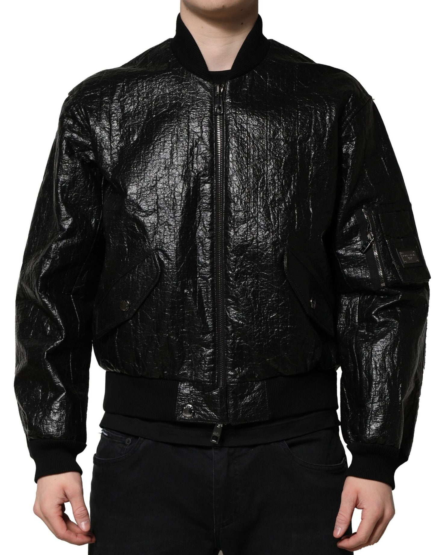 Giacca bomber con cerniera completa e placca logo nera Dolce &amp; Gabbana