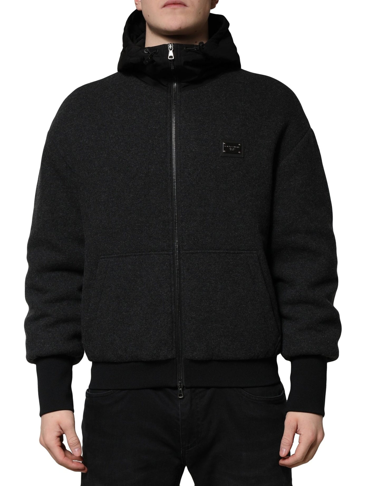 Giubbotto bomber con cappuccio Dolce &amp; Gabbana con placca logo DG nera