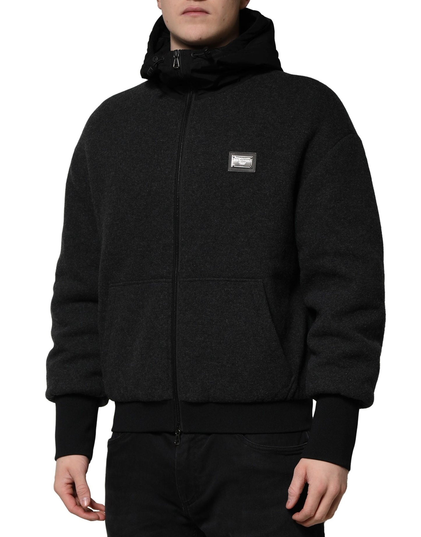 Giubbotto bomber con cappuccio Dolce &amp; Gabbana con placca logo DG nera