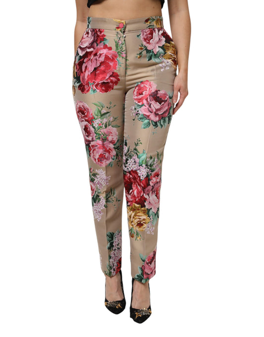 Pantaloni a vita alta da donna con stampa floreale beige Dolce &amp; Gabbana