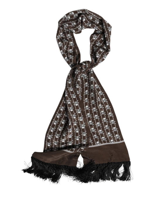 Dolce & Gabbana Brown Skulls Print Fringes Men Foulard Scarf