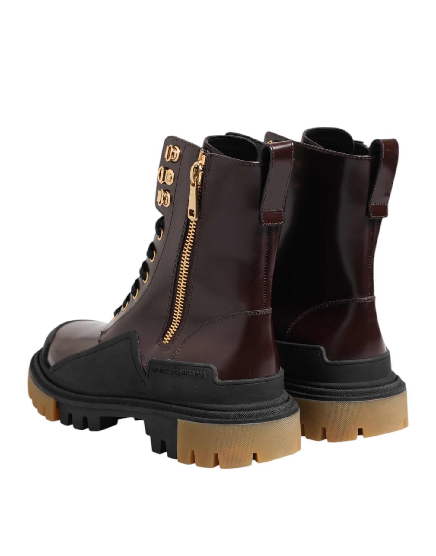 Dolce & Gabbana Brown Black Leather Boots Zipper Lace Up Shoes