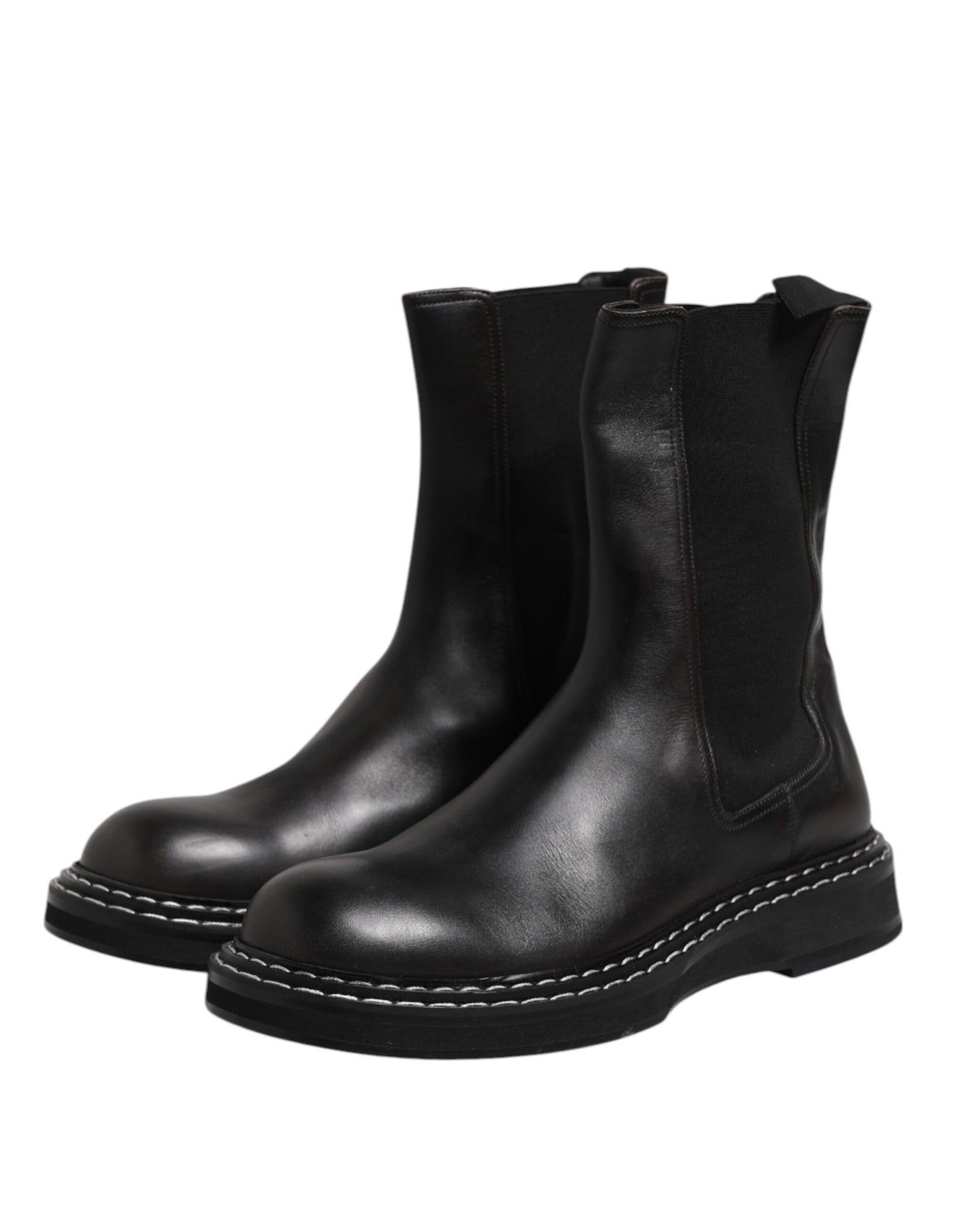 Dolce &amp; Gabbana – Halbhohe Stiefel aus schwarzem Leder mit flachem Absatz