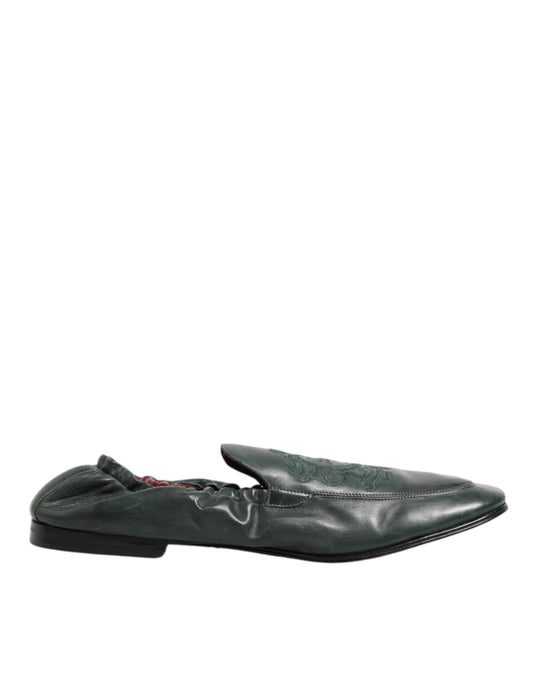 Dolce & Gabbana Green Leather Slip On Men Flat Loafers Shoes