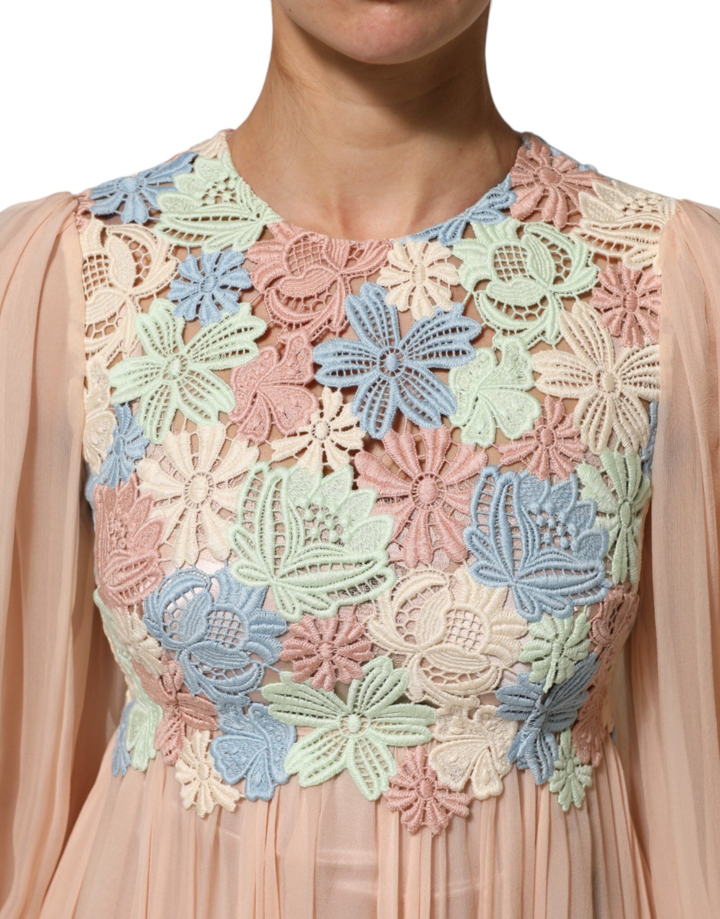 Dolce & Gabbana Pink Floral Embroidery Pleated A-line Dress