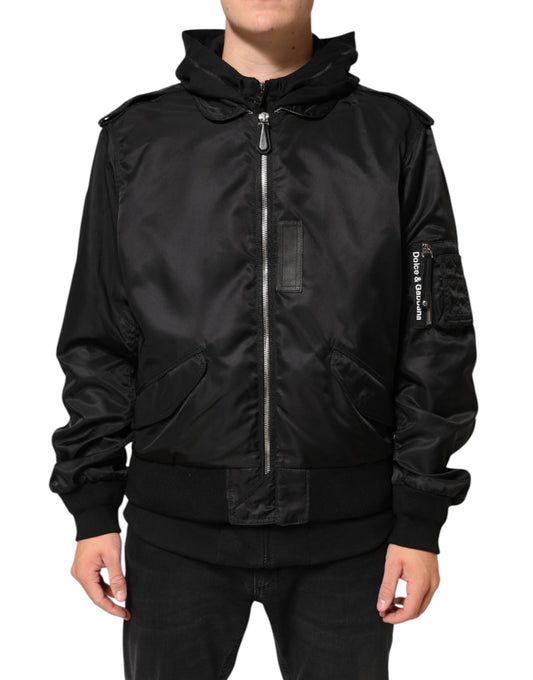 Dolce & Gabbana Black Cotton Hooded Full Zip Bomber Jacket