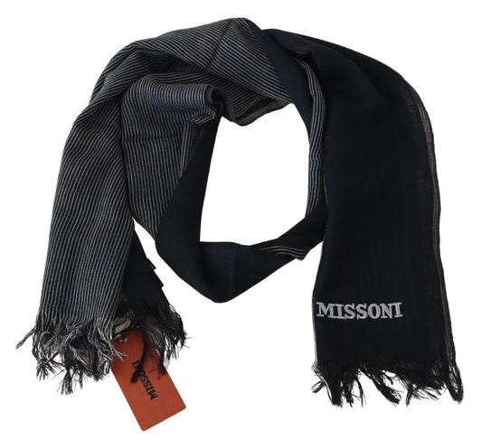 M Missoni Black Striped Wool Unisex Neck Wrap Fringes Logo Scarf