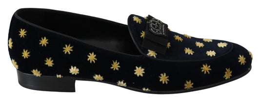 Dolce &amp; Gabbana Blue Velvet Crown Slippers Loafers Shoes