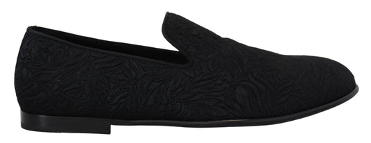 Dolce &amp; Gabbana Black Floral Jacquard Slippers Loafers Shoes