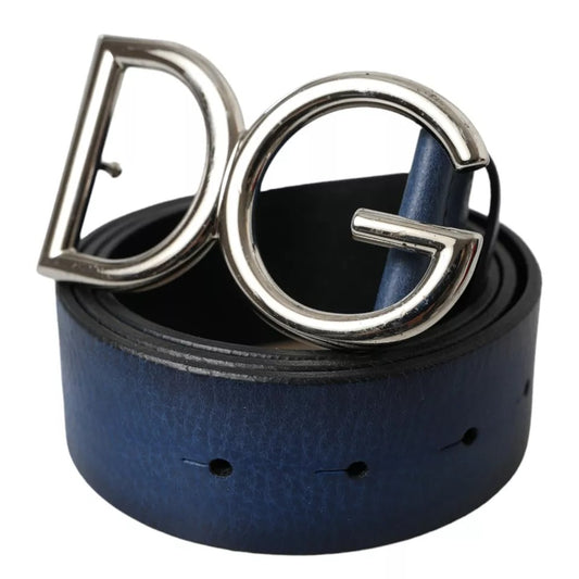 Dolce & Gabbana Blue Calf Leather Silver DG Logo Buckle Belt