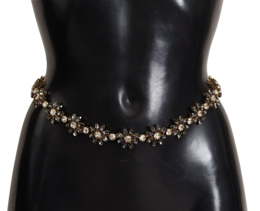 Dolce &amp; Gabbana Black Daisy Crystal Dauphine Texture Belt