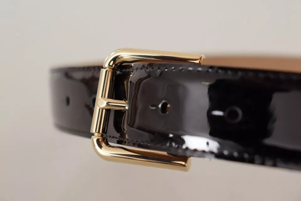 Dolce & Gabbana Black Patent Leather Gold Logo Engraved Buckle Belt