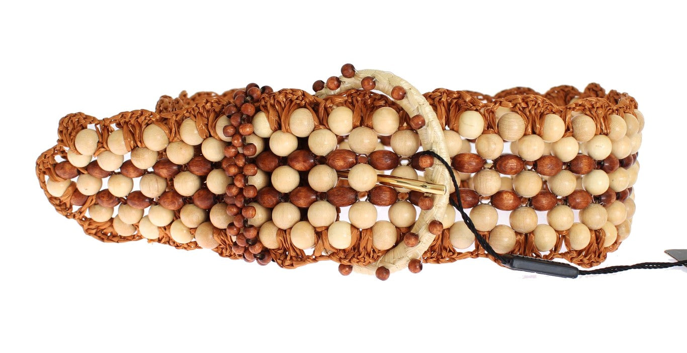 Dolce &amp; Gabbana Brown Raffia Wood Beaded Wide Waist Belt