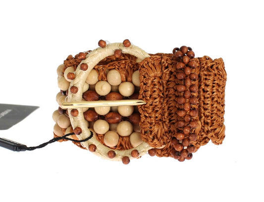 Dolce &amp; Gabbana Brown Raffia Wood Beaded Wide Waist Belt