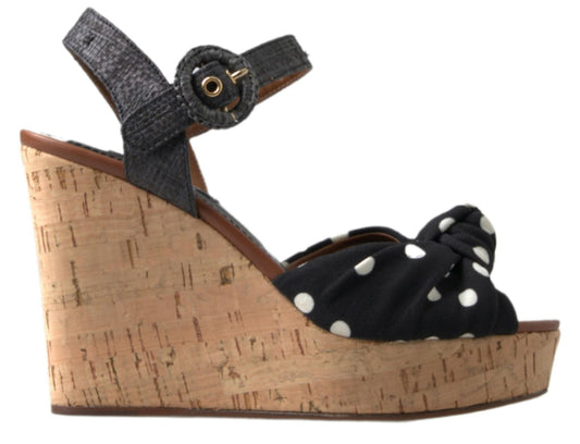 Dolce &amp; Gabbana Black Wedges Polka Dotted Ankle Strap Shoes Sandals