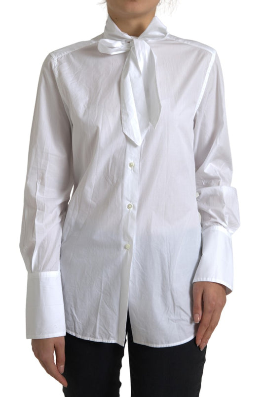 Dolce &amp; Gabbana White Cotton Ascot Collar Long Sleeves Top