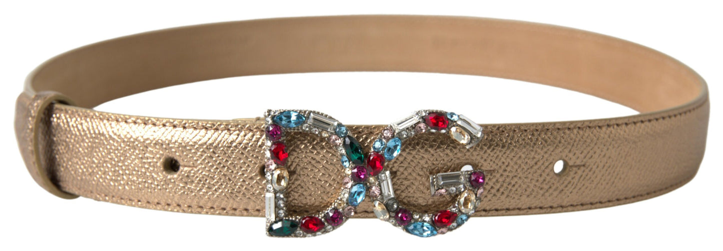 Dolce &amp; Gabbana Gold Leather DG Crystal Buckle Belt Belt