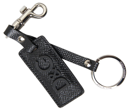 Dolce &amp; Gabbana Black DG Logo Leather Silver Metal Keychain