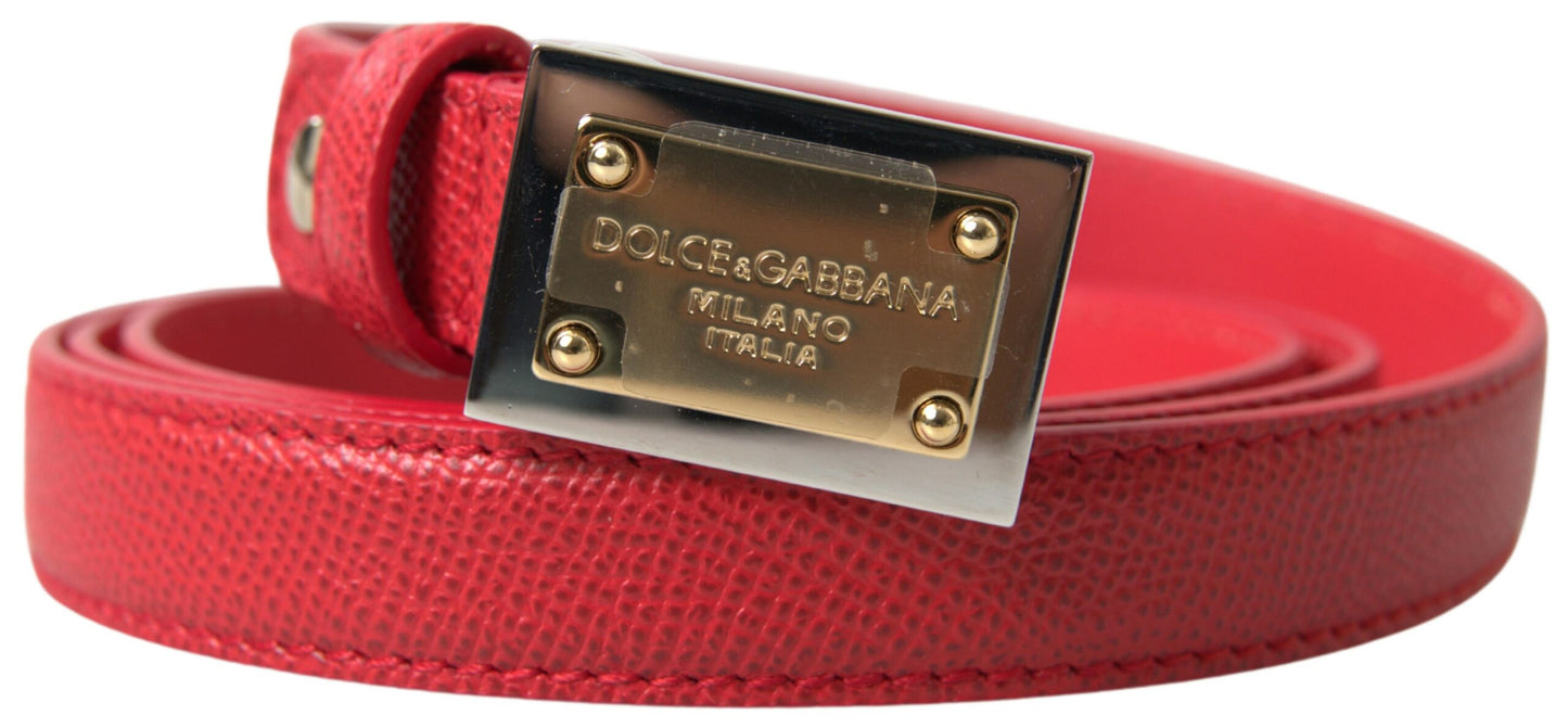 Dolce &amp; Gabbana Red Leather Gold Engraved Metal Buckle Belt
