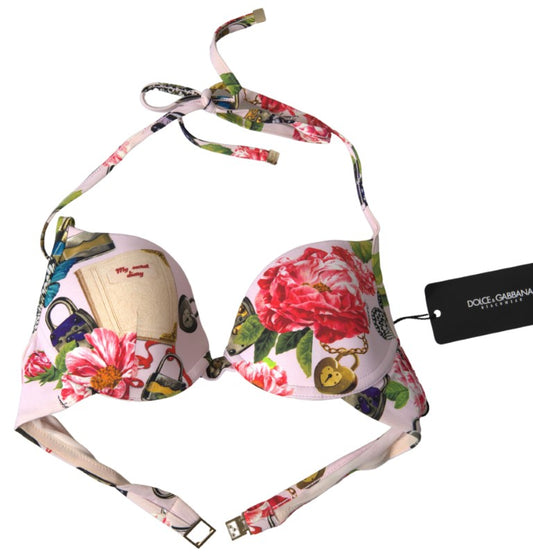 Dolce &amp; Gabbana Pink Floral Halter Beachwear Swimwear Bikini Top