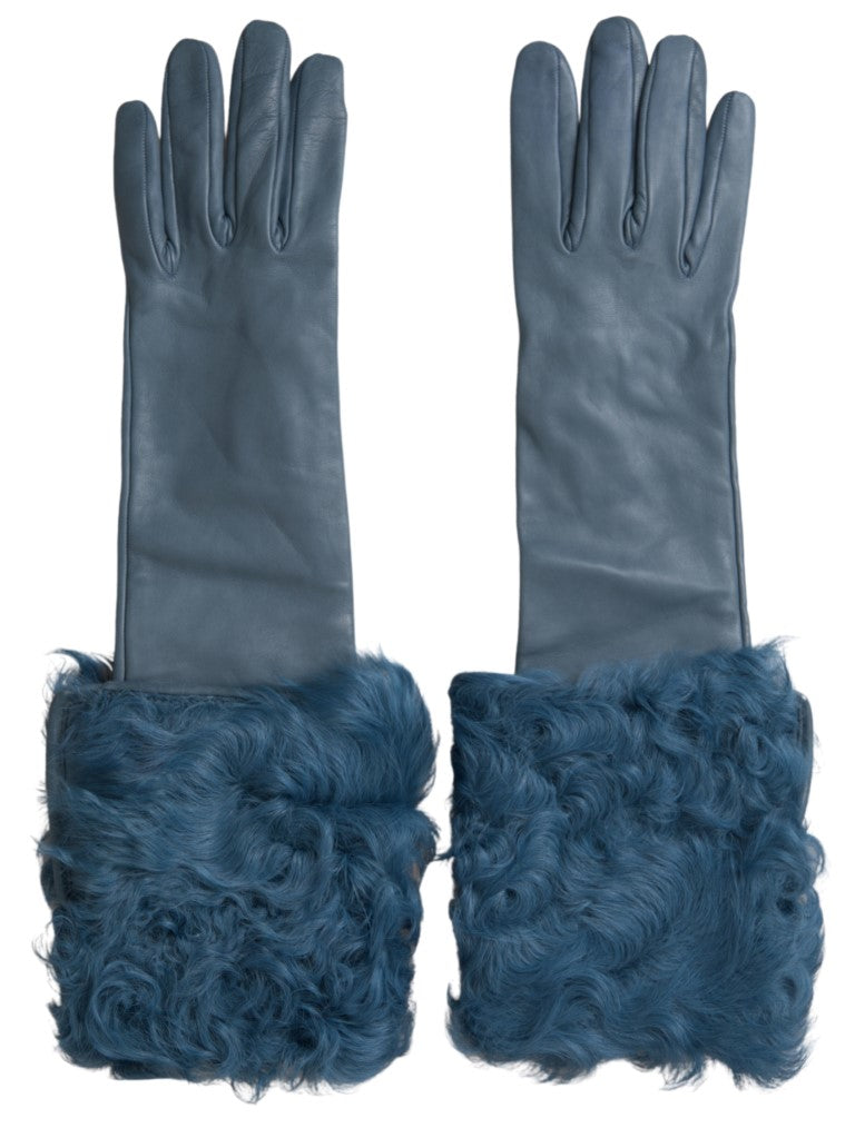 Dolce &amp; Gabbana Elegante blaue Lederhandschuhe mit Fellbesatz