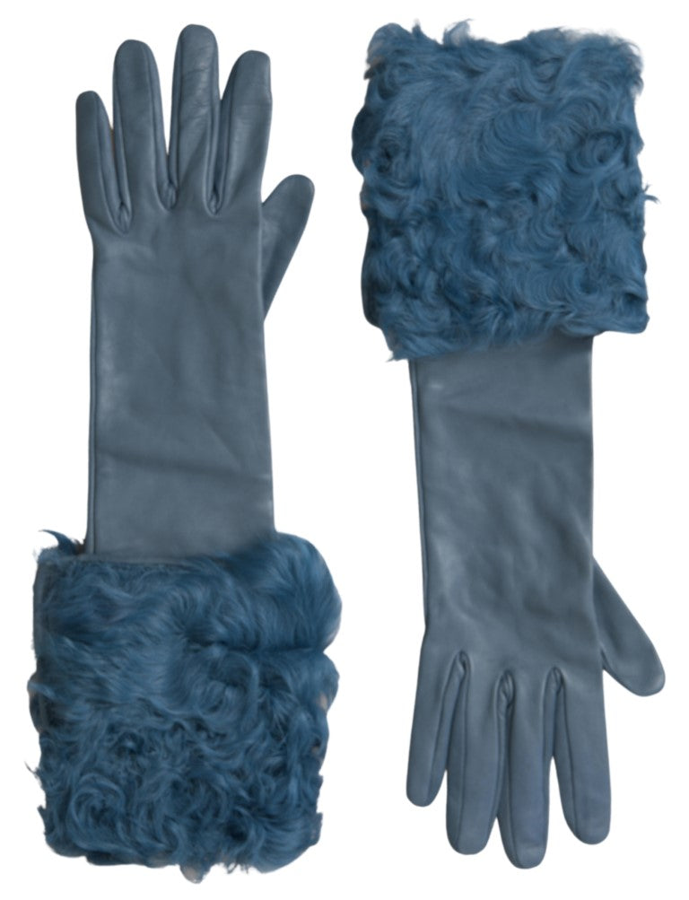 Dolce &amp; Gabbana Elegante blaue Lederhandschuhe mit Fellbesatz