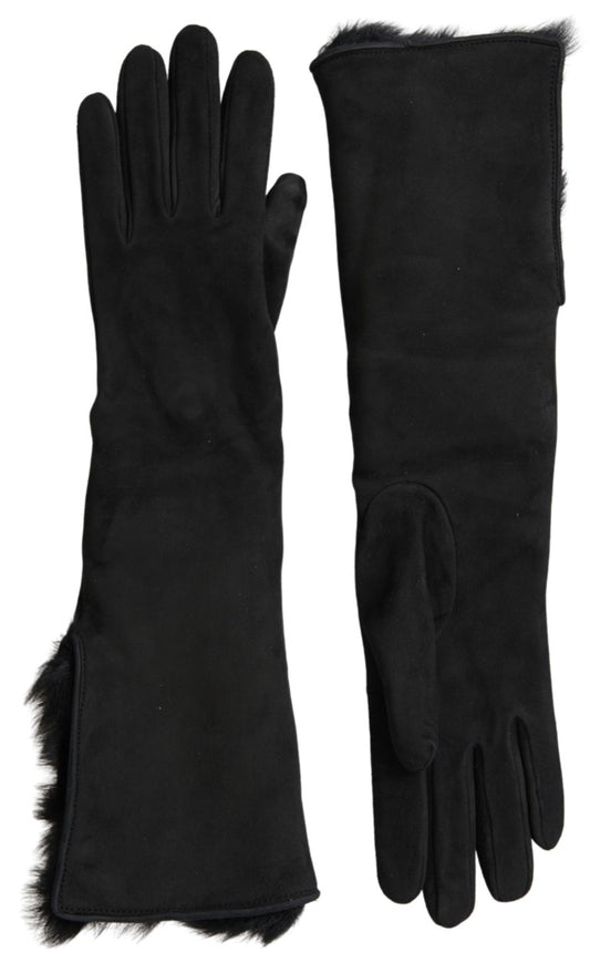 Dolce &amp; Gabbana Black Leather Fur Elbow Length Gloves