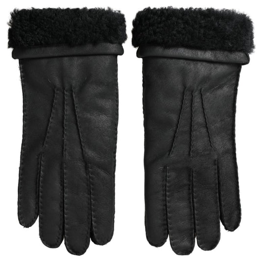 Dolce &amp; Gabbana Black Leather Fur Short Hands Mitten Men Gloves