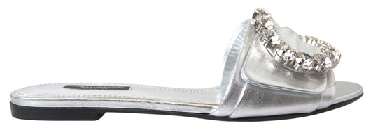 Dolce &amp; Gabbana Silver Crystal Embellished Slides Flat Shoes