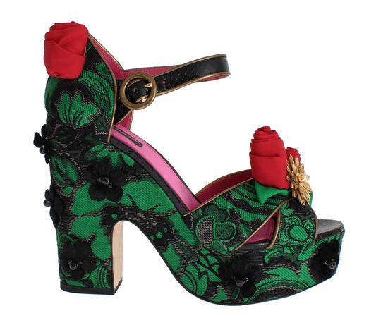 Dolce &amp; Gabbana Green Brocade Snakeskin Roses Crystal Shoes