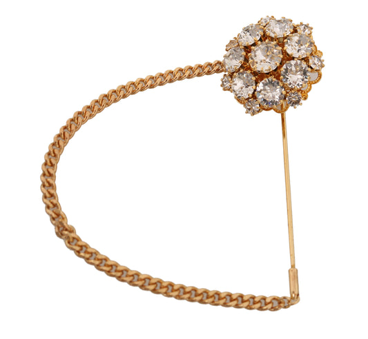 Dolce &amp; Gabbana Gold Brass Clear Crystal Chain Pin Women Brooch