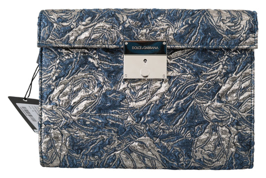 Dolce &amp; Gabbana Blue Silver Jacquard Leather Document Briefcase Bag