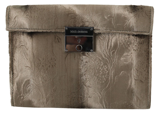 Dolce &amp; Gabbana Beige Velvet Floral Leather Men Document Briefcase