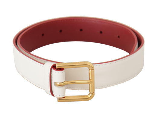 Dolce &amp; Gabbana White Calf Leather Two-Toned Gold Metal Buckle Belt