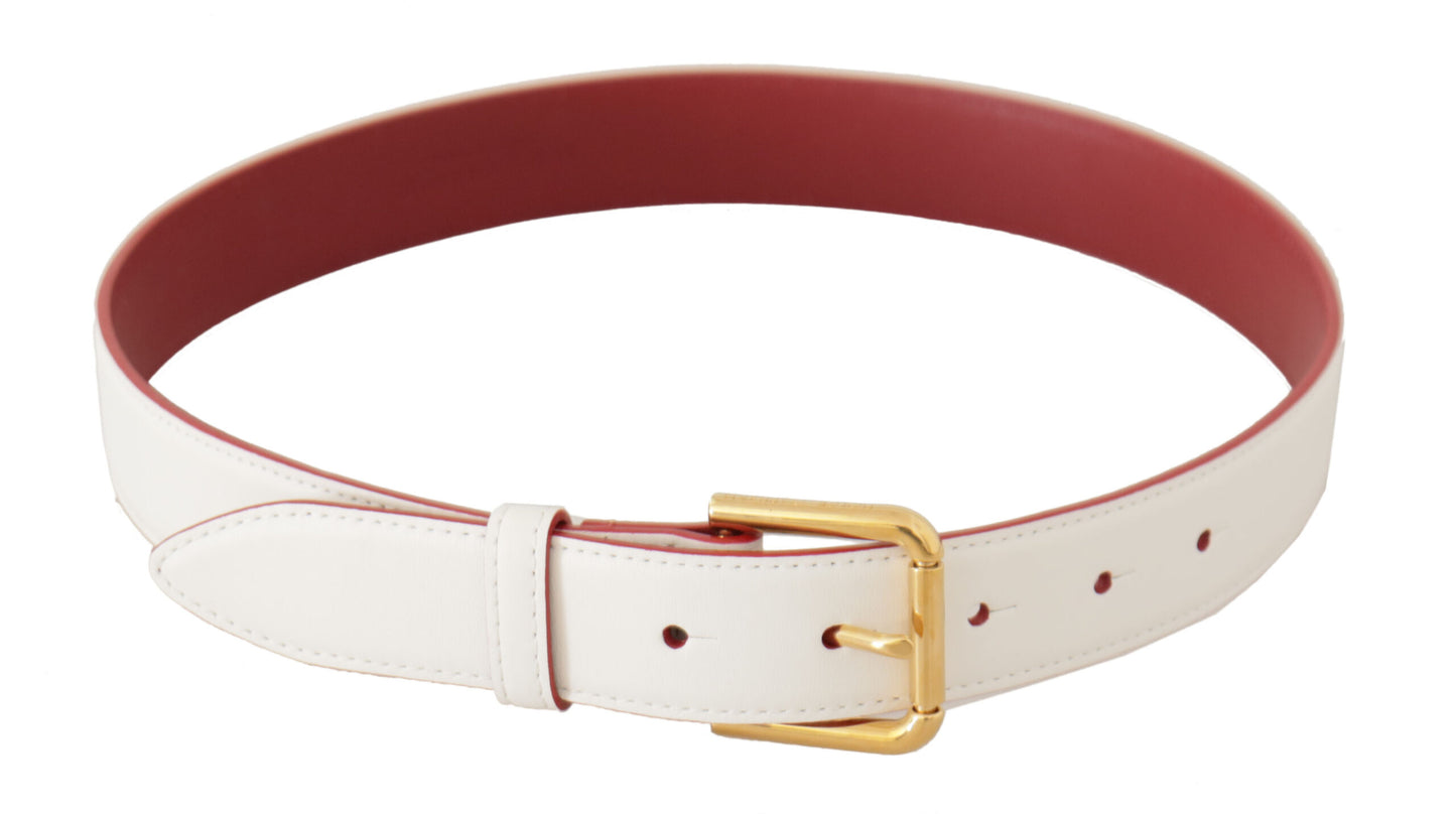 Dolce &amp; Gabbana White Calf Leather Two-Toned Gold Metal Buckle Belt