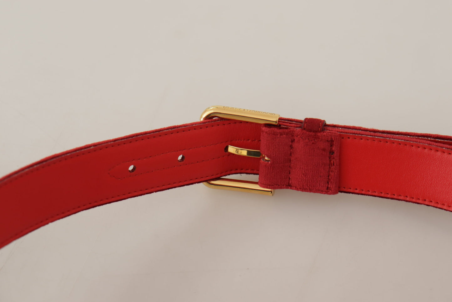 Dolce &amp; Gabbana Red Velvet Gold Logo Engraved Metal Buckle Belt