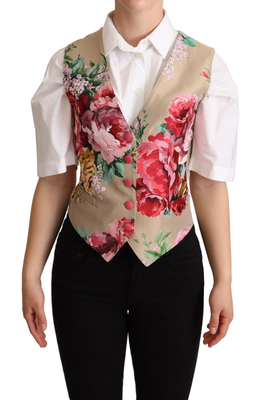 Dolce &amp; Gabbana Beige Jacquard Floral Print Waistcoat Vest
