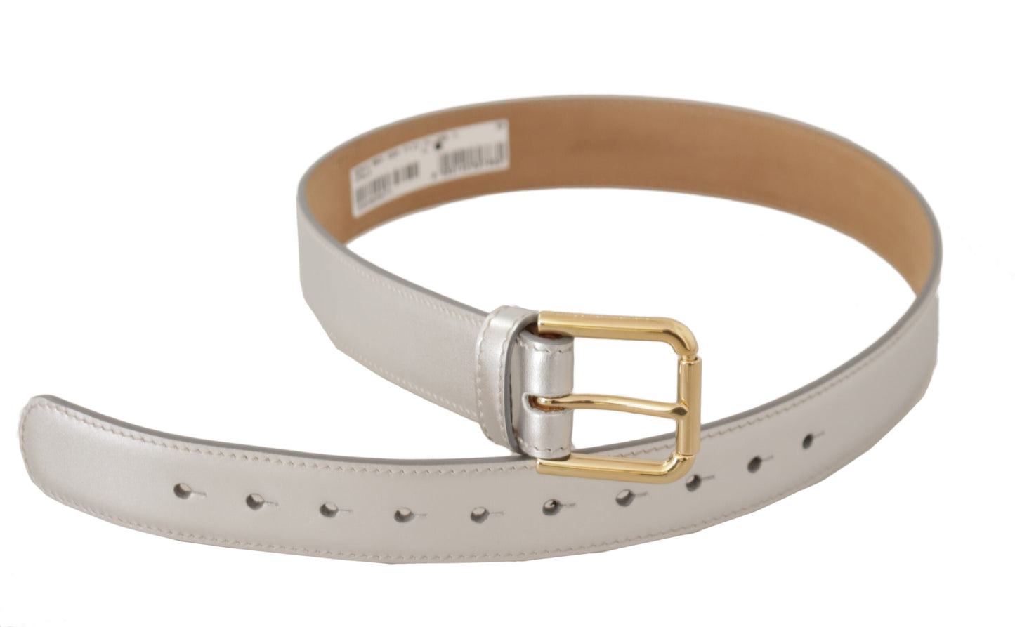 Dolce &amp; Gabbana Silver Leather Gold Tone Logo Metal Buckle Belt