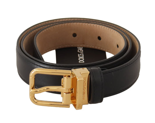 Dolce &amp; Gabbana Black Calf Leather Gold Metal Logo Waist Buckle Belt