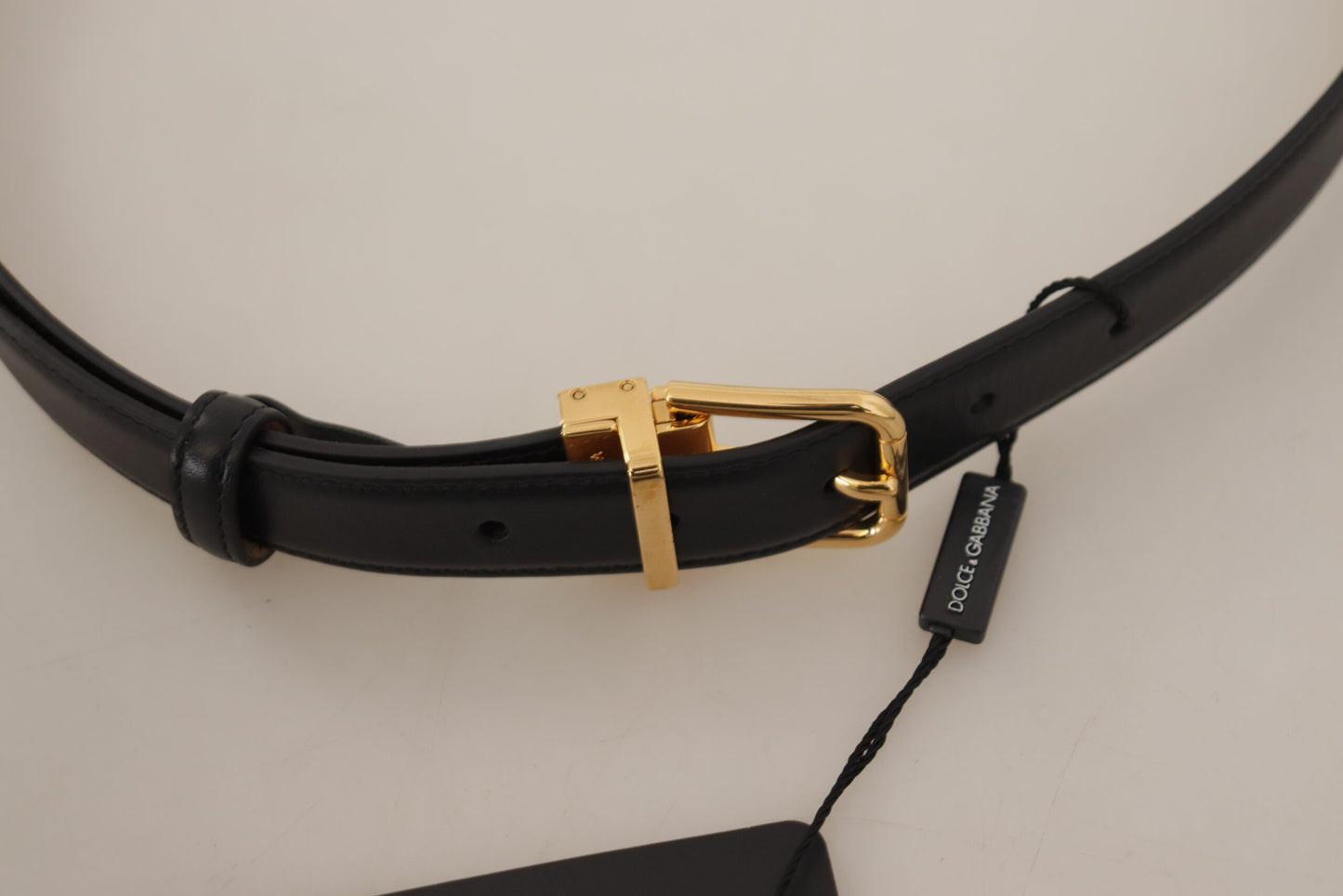 Dolce &amp; Gabbana Black Calf Leather Gold Metal Logo Waist Buckle Belt