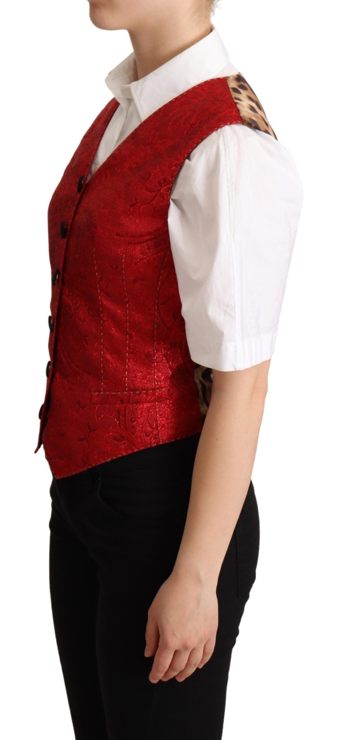 Dolce &amp; Gabbana Red Brocade Leopard Print Waistcoat Vest