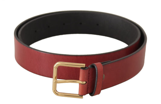 Dolce &amp; Gabbana Red Leather Gold Logo Engraved Metal Buckle Belt