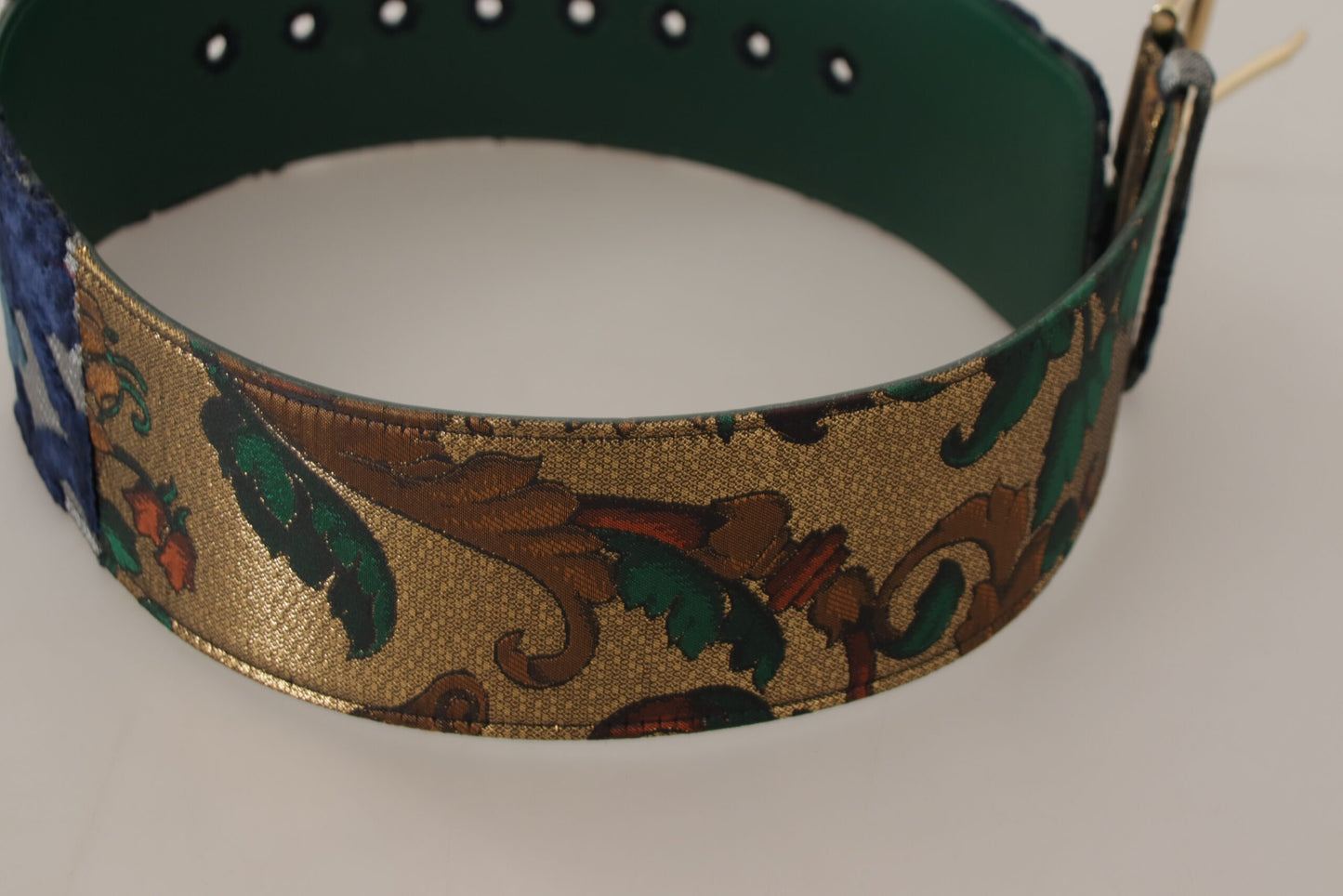Dolce &amp; Gabbana Green Jacquard Embroid Leather Gold Metal Buckle Belt