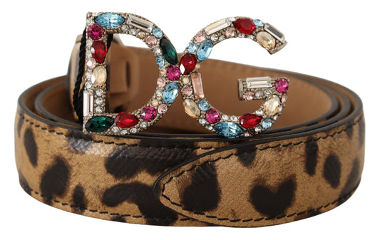 Dolce &amp; Gabbana Brown Leopard Leather DG Crystals Buckle Belt