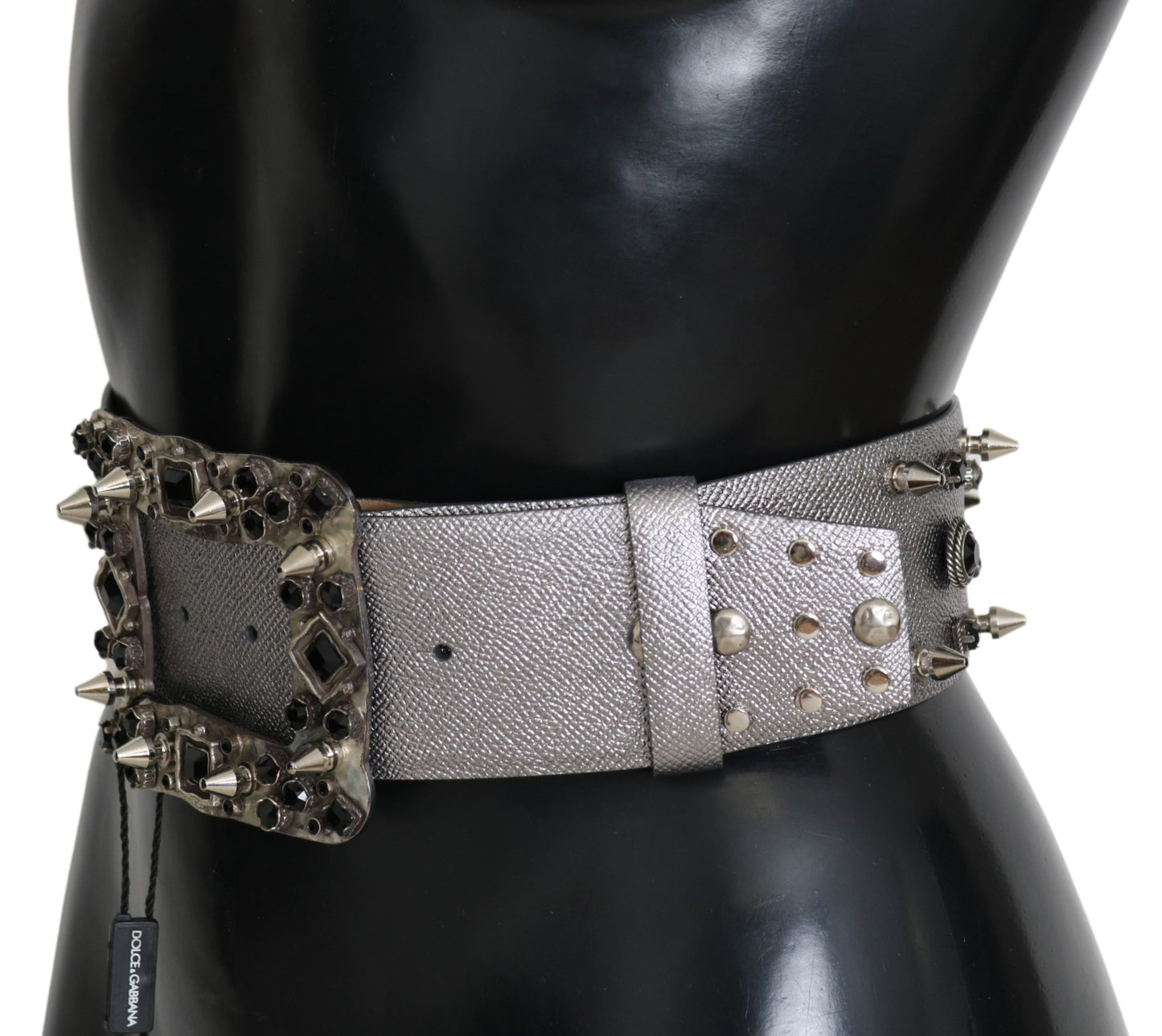 Dolce &amp; Gabbana Silver Leather Crystal Stud Logo Buckle Belt