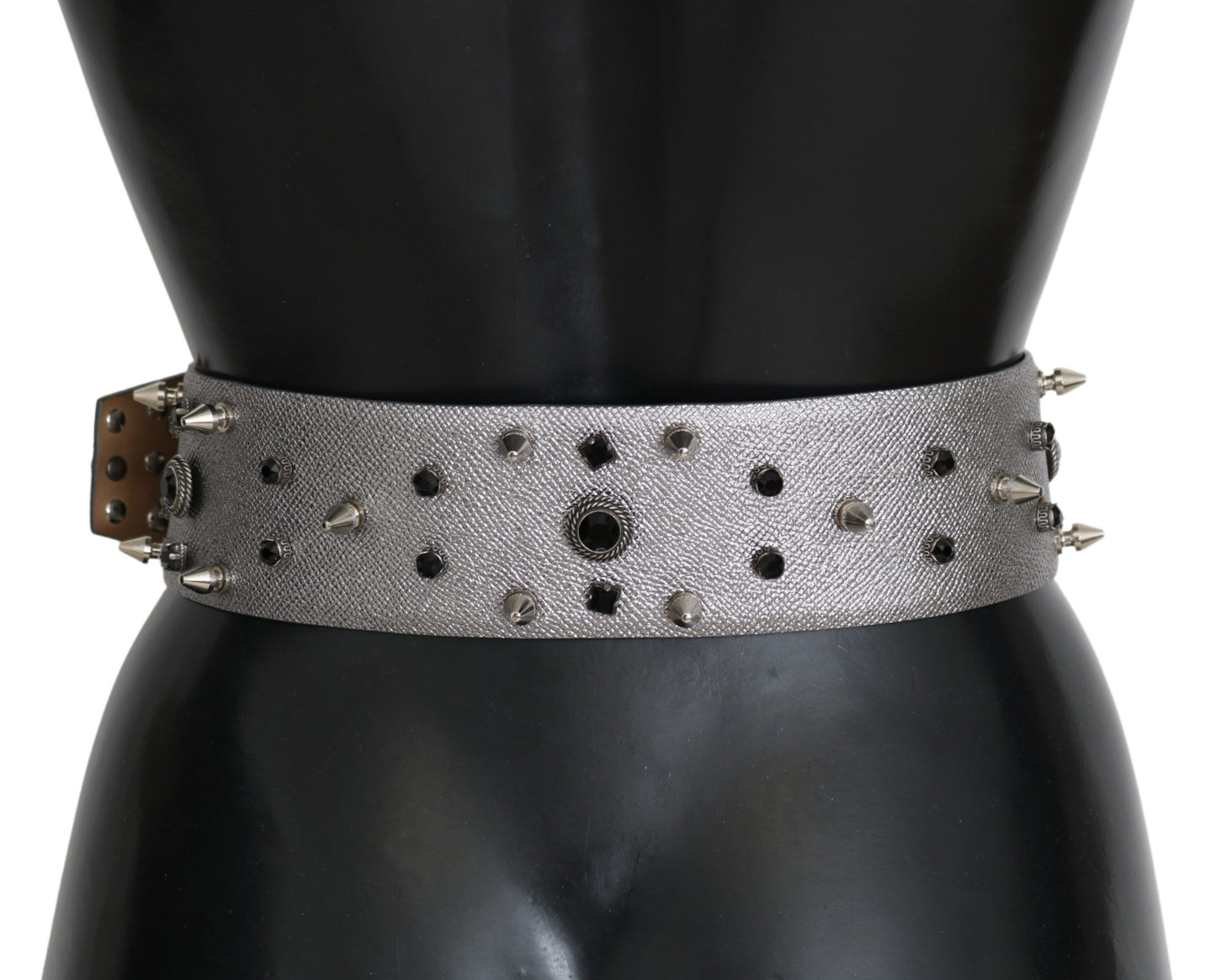 Dolce &amp; Gabbana Silver Leather Crystal Stud Logo Buckle Belt