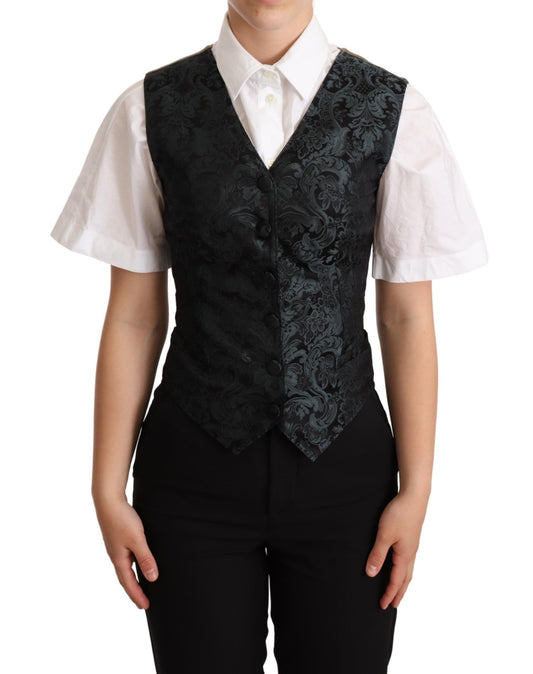 Dolce &amp; Gabbana Black Jacquard Floral Waistcoat Vest Green